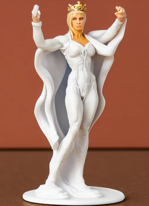 Prompt: 80mm resin detailed miniature of a Very Muscular Queen, long white cape, light skin, short blonde hair, on textured disc base, Company logo in upper left corner; Miniature product Photo, 4K, Full body
