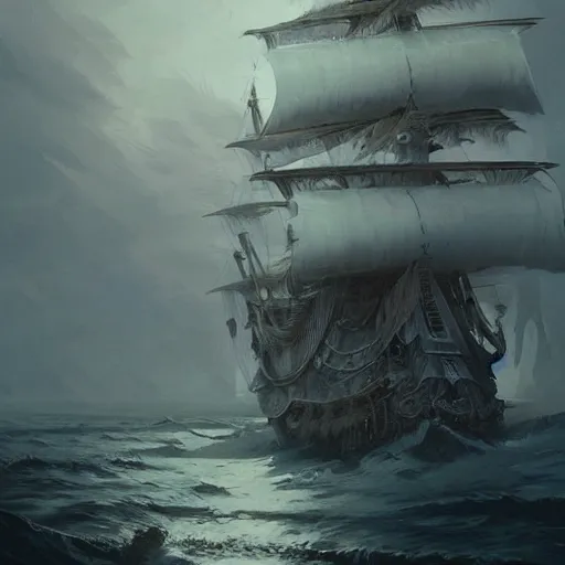 Image similar to detailed white pirate ship with hundreds of white feathers by greg rutkowski, enigmatic atmosphere, beautiful and cinematic lighting, artstation hq.