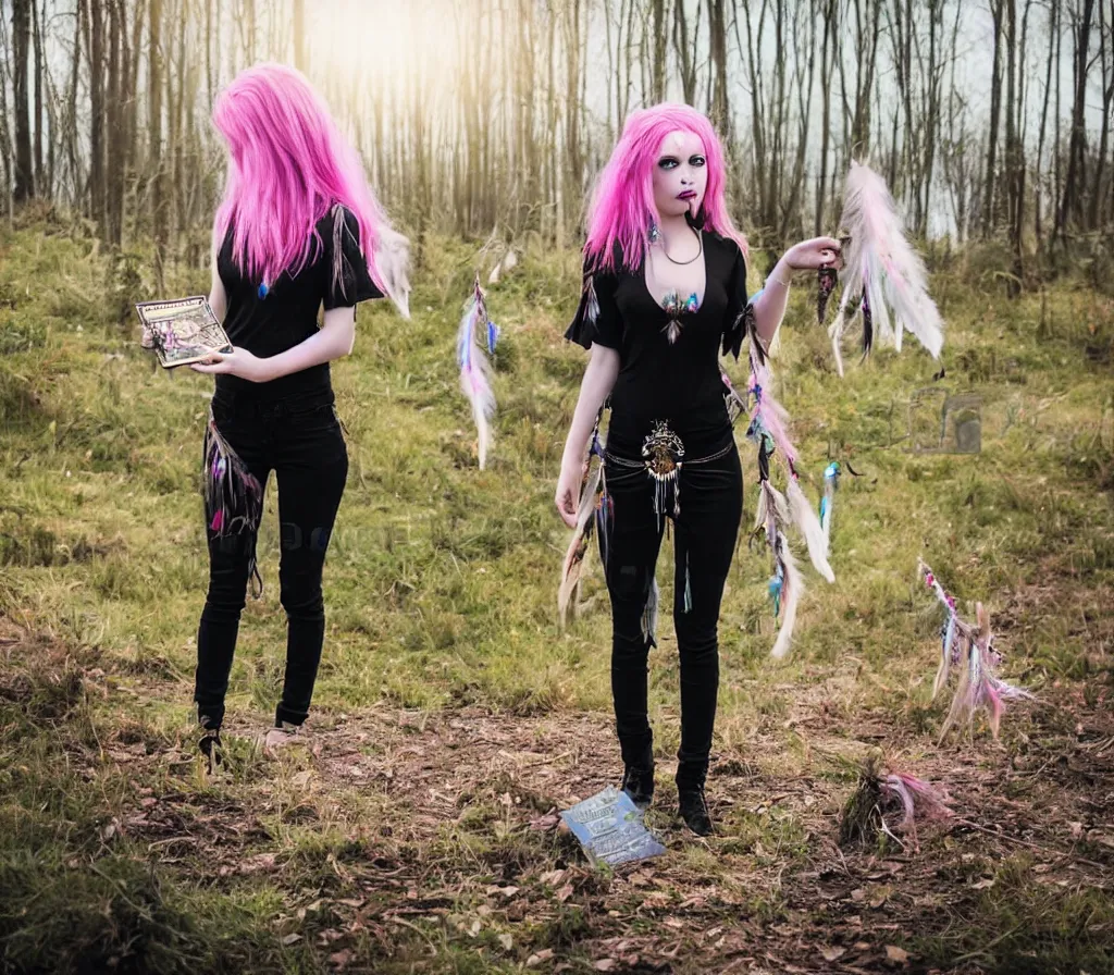 Image similar to realistic photo of a witch - like girl in a black cloack in jeans and with pastel pink hair and hazel eyes standing in woods full of sun beams holding a dreamcatcher and a tarot cards deck in a dreamy style, magical middleground with unicorns and a contemporary cityscape far on the background