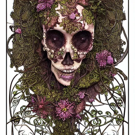 Image similar to detailed rotten woman skull corpse with fractal plants and fractal flowers and mushrooms growing around, symmetrical, ornate, ornamentation, illustration, in the style of art nouveau, mucha