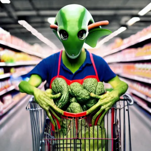 Image similar to mid shot of an alien dressed by emidio tucci buying groceries at the store, shot by amanda carlson and alex strelkovv, professional photo, masterpiece, very detailed, hyper - realistic, cinematic, 4 k