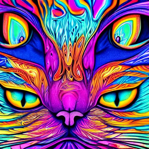 Image similar to a psychedelic image of a cat and a person standing in front of it, poster art by lisa frank, featured on deviantart, psychedelic art, psychedelic, mystical, hypnotic