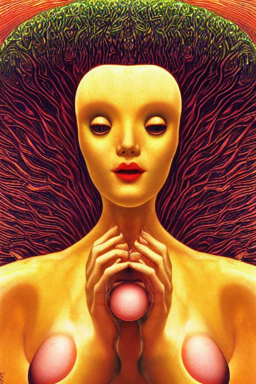 Image similar to art deco close up portait of mushroom head with big mouth surrounded by spheres, rain like a dream digital painting curvalinear clothing cinematic dramatic fluid lines otherworldly vaporwave interesting details epic composition by artgerm rutkowski moebius francis bacon gustav klimt