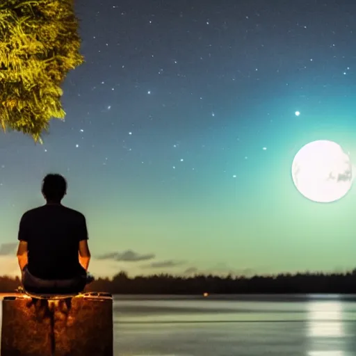Prompt: a man siting in front of water looking at the moon light in the night