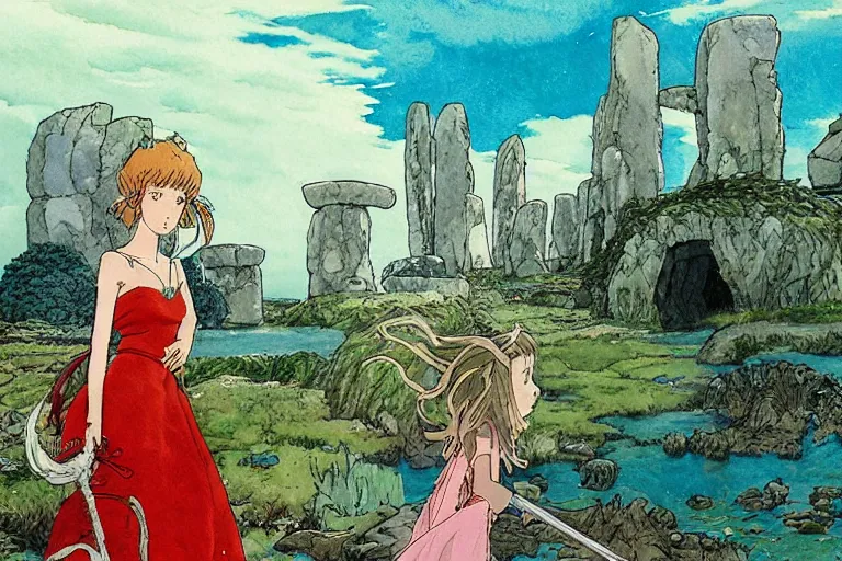 Image similar to a hyperrealist studio ghibli watercolor fantasy concept art. in the foreground is a lost princess in a red dress. in the background is stonehenge. the scene is underwater on the sea floor. by rebecca guay, michael kaluta, charles vess