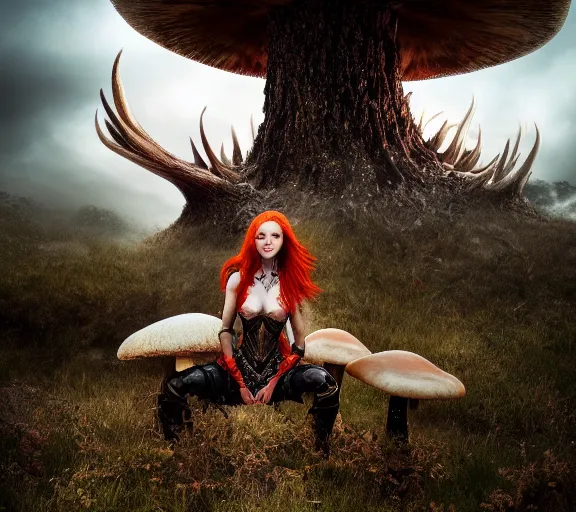 Prompt: a photo of an armored woman warrior redhead with antlers sitting facing backwards on a giant mushroom that covers a whole village and reaches above the clouds by luis royo. intricate. lifelike. soft light. sony a 7 r iv 5 5 mm. cinematic post - processing