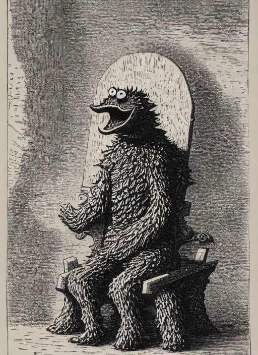 Image similar to cookie monster sits upon a throne of cookies, demon from the dictionarre infernal, etching by louis le breton, 1 8 6 9, 1 2 0 0 dpi scan, ultrasharp detail, clean scan