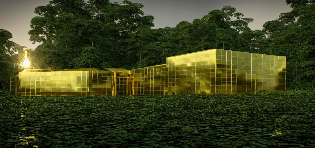 Image similar to futuristic shinny golden building camouflaged in the amazonian jungle landscape of a solarpunk world by alvar aalto, golden roads by le corbusier, movie poster, golden ratio, at dusk lighting, evening lighting, reflections and refractions, film still, hyper realistic, octane render redshift arnold materials unreal engine, 8 k, post production, hyper detailed