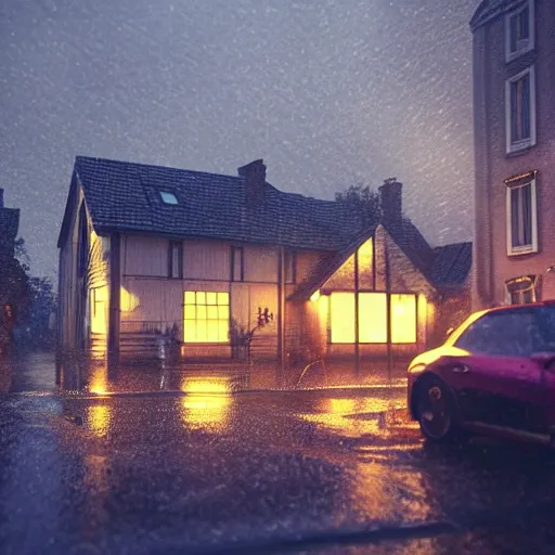 Image similar to dark rainy night, lights, swedish houses, cars driving, rain on screen, realistic, cinematic, raytracing, intense detail, artstation