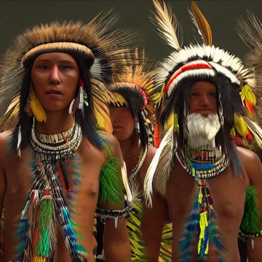 Image similar to south american native tribe in a report for a french tv, ultra detailed, photorealistic, dynamic light, cinematic