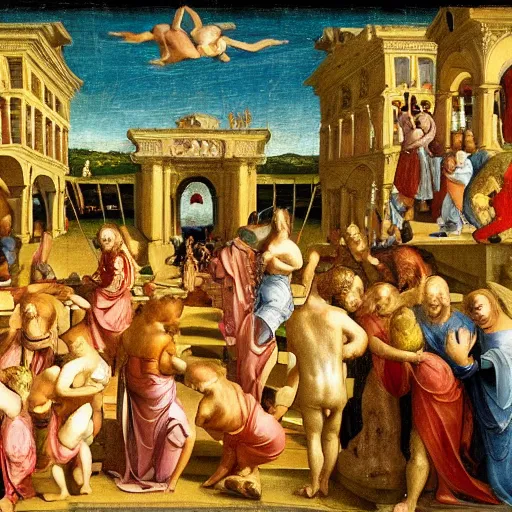 Image similar to renaissance painting of medieval waterpark, highly detailed, beautiful lighting