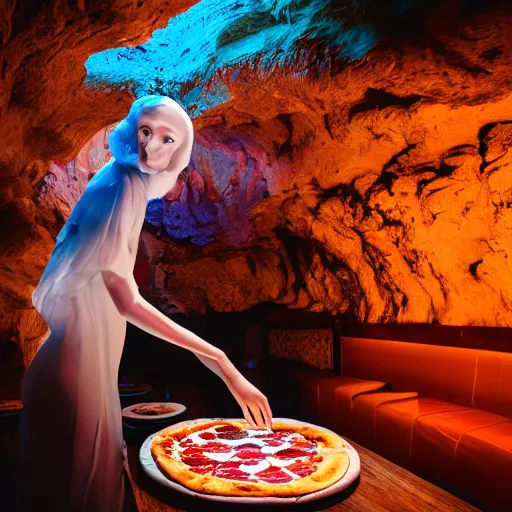 Image similar to cinematic photo of a beautiful albino koi fish woman lit with saturated split colour blue and dusty pink lighting serving pizza in a grotto restaurant