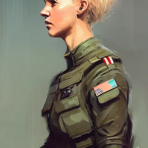 Image similar to Portrait of a woman by Greg Rutkowski, she is about 20 years old, athletic tomboy, attractive, military composure, short blonde hair, russian, she is wearing futuristic military fatigues, highly detailed portrait, digital painting, artstation, concept art, smooth, sharp foccus ilustration, Artstation HQ.