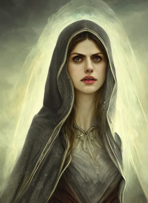 Image similar to Portrait of Alexandra Daddario, white glowing eyes, silver hair, cloak, ethereal wings, female, fantasy, extremely detailed, digital painting, artstation, concept art, smooth, sharp focus, illustration, stunning lighting, art by artgerm and greg rutkowski and alphonse mucha and simon stalenhag, realistic character concept, high fantasy, light atmosphere, golden ratio, cinematic lighting, hyperdetailed, high resolution, insanely detailed and intricate, artstation, Marc Simonetti, Greg Rutkowski, 8k