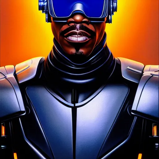 Image similar to a portrait of Cyberpunk Eddie Murphy is Beverly Hills Robocop, soft details, extremely detailed and coherent, matte painting oil on canvas by mark arian by artgerm, 4k, 8k, HD, trending on artstation