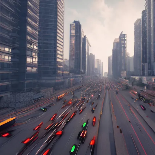 Image similar to A chaotic and busy futuristic city where everyone is in a hurry to get somewhere. There is a lot of traffic and noise. The buildings are all tall and close together. 3d render, volumetric lighting, extremely detailed, unreal engine, 8k UHD, HDR