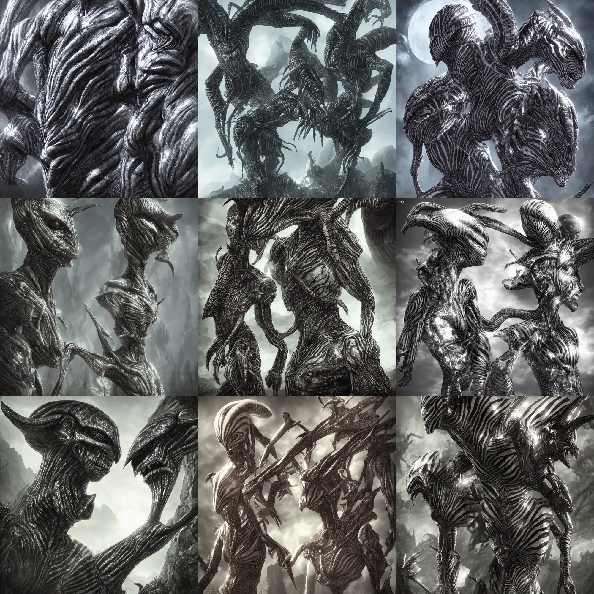 Prompt: alien. Fantasy. elf with zebra skin, ArtStation, CGSociety, Unreal Engine