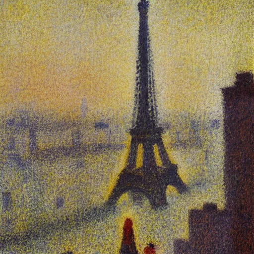 Prompt: eiffel tower building in paris, happy athmosphere, joy, matte painting, impressionism, by georges seurat,