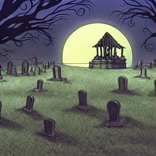 Image similar to film still of a haunted cemetery by tim burton and studio ghibli