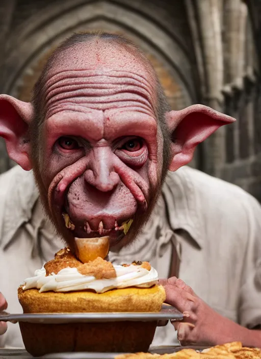 Image similar to closeup portrait of a medieval goblin eating cakes in the cloisters, depth of field, zeiss lens, detailed, symmetrical, centered, fashion photoshoot, by annie leibovitz and steve mccurry, david lazar, jimmy nelsson, breathtaking, 8 k resolution, extremely detailed, beautiful, establishing shot, artistic, hyperrealistic, beautiful face, octane render