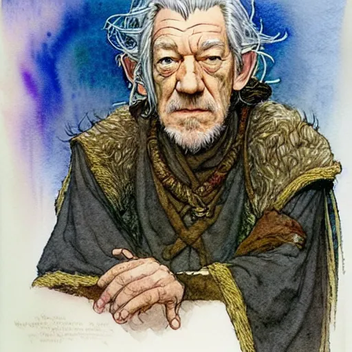 Image similar to a realistic and atmospheric watercolour fantasy character concept art portrait of ian mckellen as a druidic warrior wizard looking at the camera with an intelligent gaze by rebecca guay, michael kaluta, charles vess and jean moebius giraud