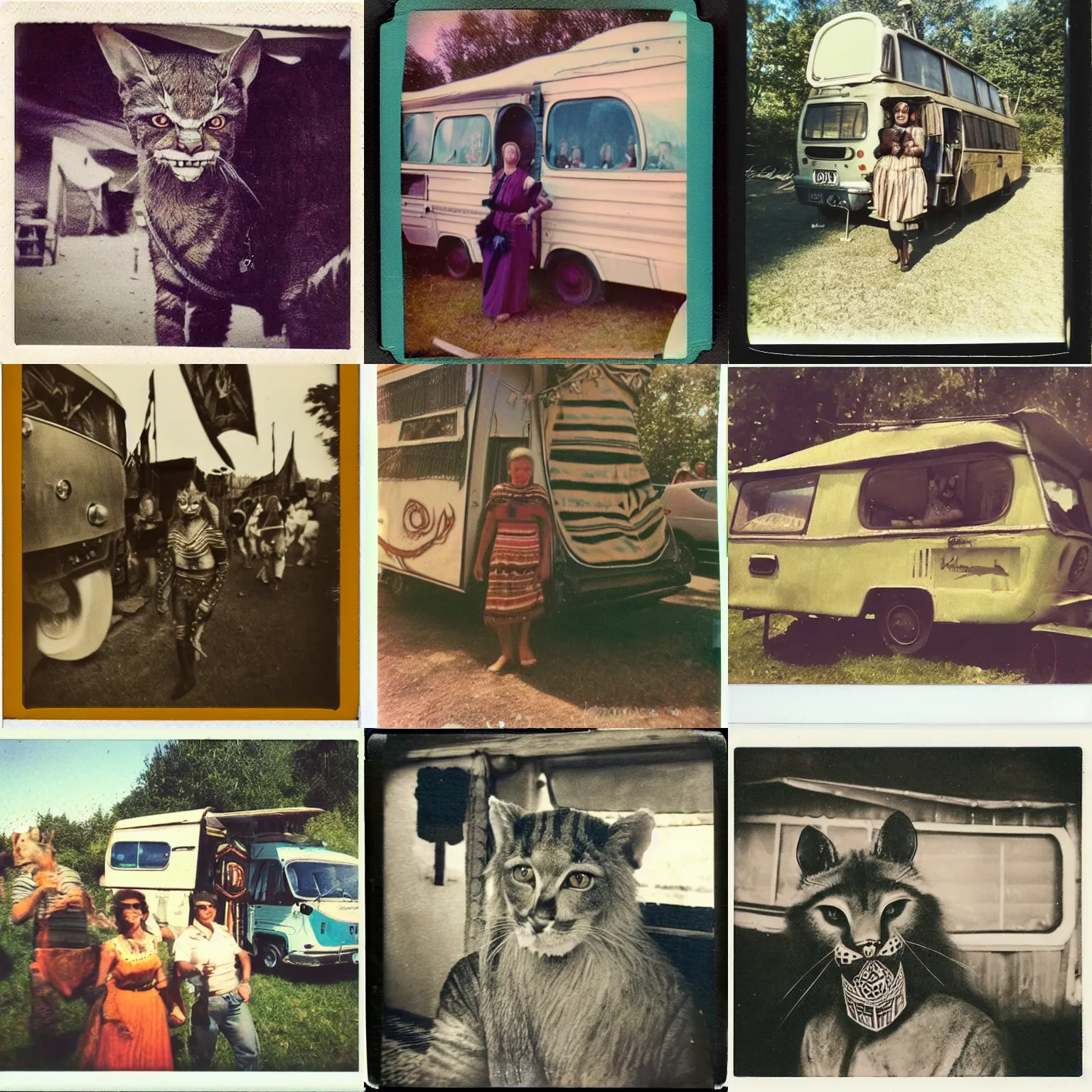 Prompt: Polaroid photo of a Khajiit caravanner, 1960's, Summer of Love