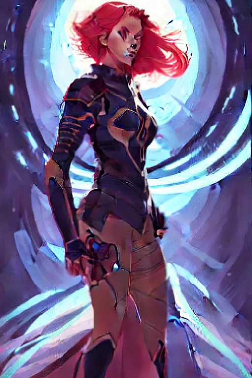 Image similar to style artgerm, joshua middleton, illustration, scarlett johansson as rune knight wearing green pelt light armor, anime eyes, blue hair, swirling water cosmos, fantasy, dnd, cinematic lighting