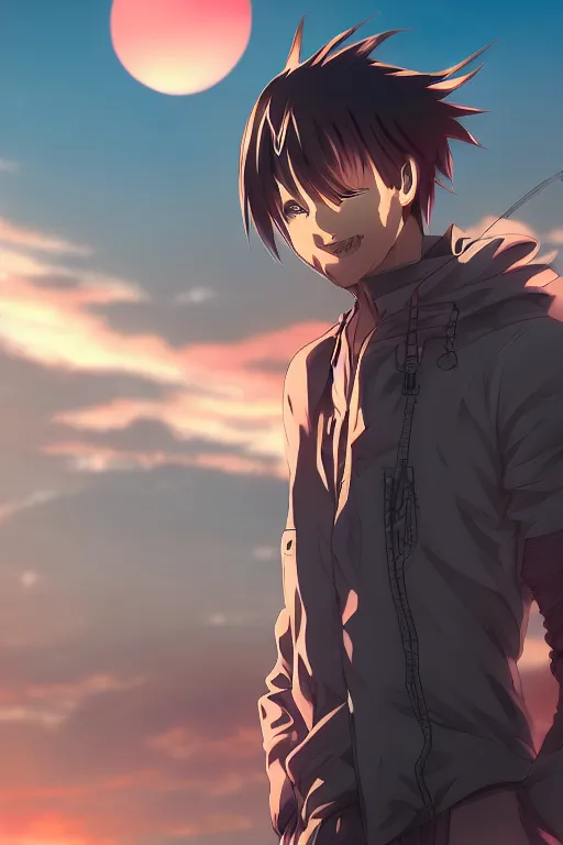 Prompt: beautiful anime man with grin on his face in a cyberpunk environment, sunset, very accurate and detailed, 8k