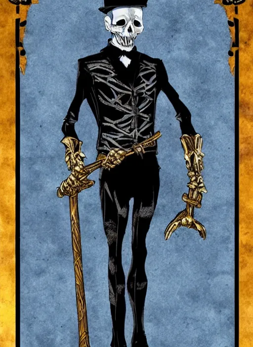 Image similar to DND character art, skeletal male figure, wearing a deep black suit!!! and tie and top hat, holding a gold! cane!. blue!!! flames!!