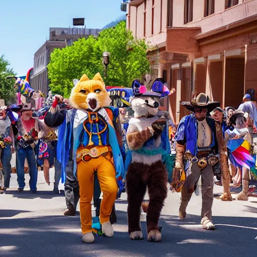 Prompt: Furries in an Old West-era pride parade, today\'s featured photograph 4k