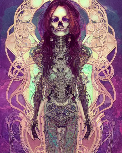 Prompt: glitch art bionic skeleton ghost, glitches, vaporwave, highly detailed, very intricate, art nouveau, filigree, romantic storybook fantasy, soft cinematic lighting, award - winning, disney concept art watercolor illustration by mandy jurgens and alphonse mucha and alena aenami, pastel color palette, featured on artstation