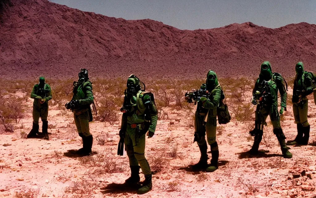 Prompt: a team of five people in dark green tactical gear like death stranding and masks, look at a desert oasis in the distance. They 're afraid. dusty, red, mid day, heat shimmering, color, 35mm film