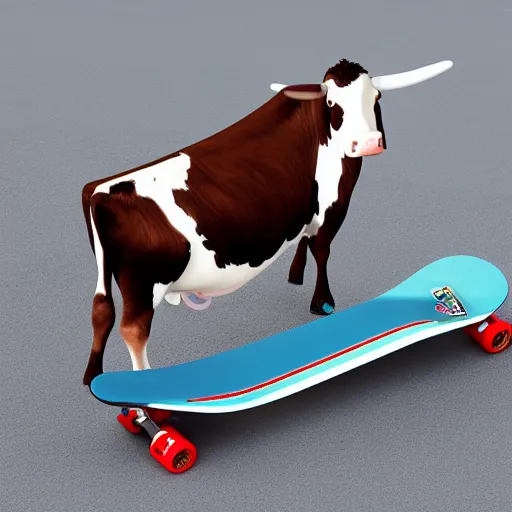 Prompt: cow riding a skateboard, 4k, photorealistic