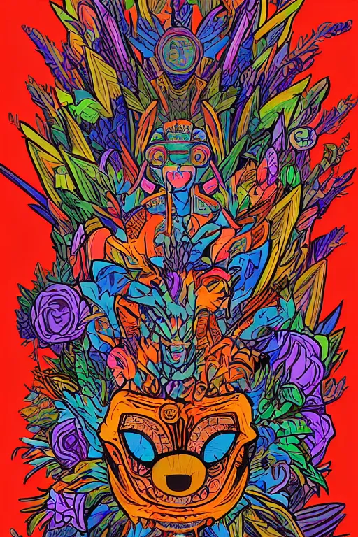 Image similar to animal mask totem roots flower tribal feather gemstone plant wood rock shaman vodoo video game vector cutout illustration vivid multicolor borderlands comics by josan gonzales and dan mumford radiating a glowing aura