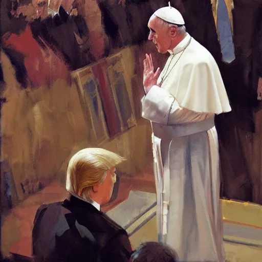 Image similar to pope kneeling in front of donald trump, detailed by greg manchess, craig mullins, bernie fuchs, walter everett