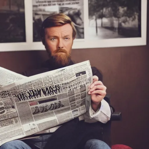 Prompt: obi wan kenobi sitting on a chair with newspaper