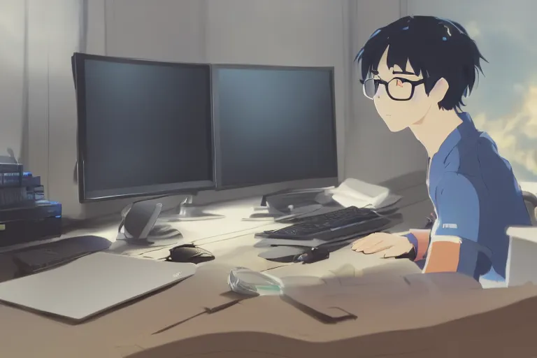 Image similar to a nerdy boy is programming at a computer in a room full of gadgets, by makoto shinkai and ghibli studio, dramatic lighting, highly detailed, incredible quality, trending on artstation