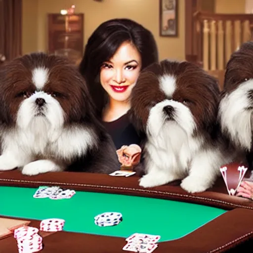 Prompt: 4 shih tzus playing poker