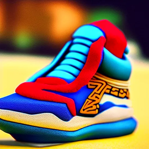 Image similar to realistic scultpure of plastic toy sneaker! design, sneaker design overwatch botw fantasy style mixed with aztec mayan native street fashion, focus on sneakers only, shoes designed by akira toriyama and studio ghibli