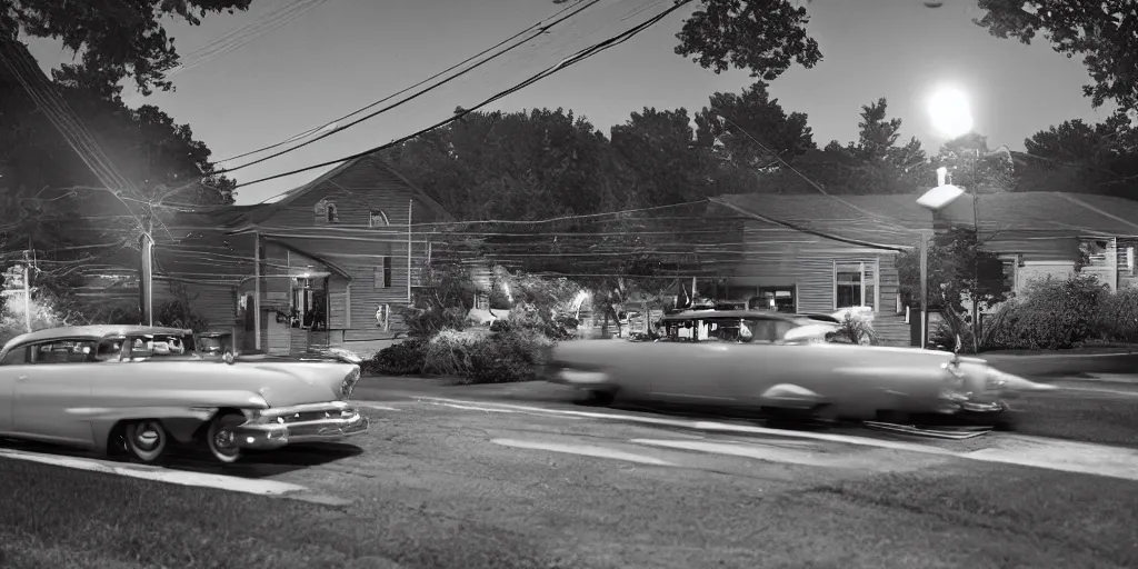 Image similar to detailed sharp photograph in the style of popular science circa 1 9 5 5 and gregory crewdson of a 1 9 5 0 s drive in summer night