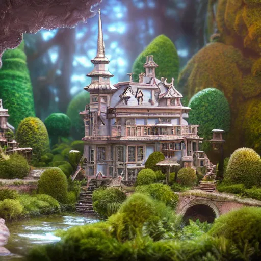 Prompt: a beautiful hyperrealistic detailed miniature diorama of a magical mansion from studio ghibli, by jordan grimmer and hayao miyazaki and adolf hira, crepuscular ray, vibrant, wide angle, epic, vast, trending on artstation, cgsociety, intricate, atmospheric lighting, unreal engine, 8 k resolution, ultrafine detail, octane render