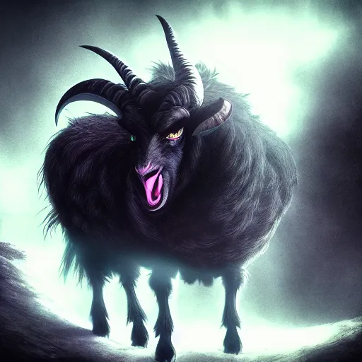 Prompt: full shot portrait of angry darkness super saiyan goat at moonlight, inspired by Tim Burton, Norihiro Yagi, Marc Simonetti, Amano, Juri Misaki, Giger, darkness background, detailed, unreal engine 4k volumetric light, fog,