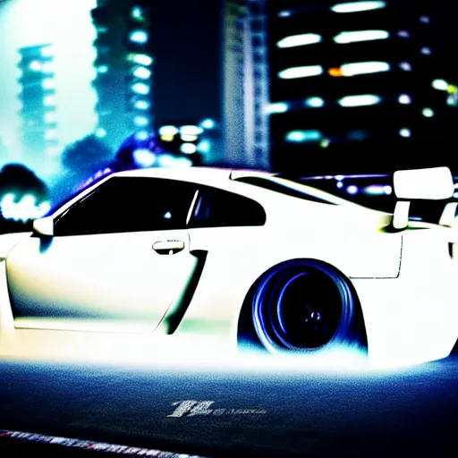 Image similar to a car GTR twin turbo drift at illegal car meet, Shibuya prefecture, city midnight mist lights, cinematic lighting, photorealistic, highly detailed wheels, high detail