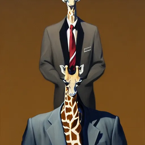 Image similar to Portrait of mr. Giraffe wearing a business suit , very coherent, painted by Edward Hopper, Wayne Barlowe, painted by James Gilleard, airbrush, art by JamesJean