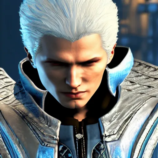 Image similar to Vergil, son of Sparda, beautiful, game screenshot, detailed face, aesthetic, realistic, soft lights