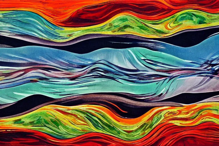 Prompt: A wild, insane, modernist landscape painting. Wild energy patterns rippling in all directions. Curves, organic, zig-zags. Mountains. Clouds. Rushing water. Waves. LSD. DMT