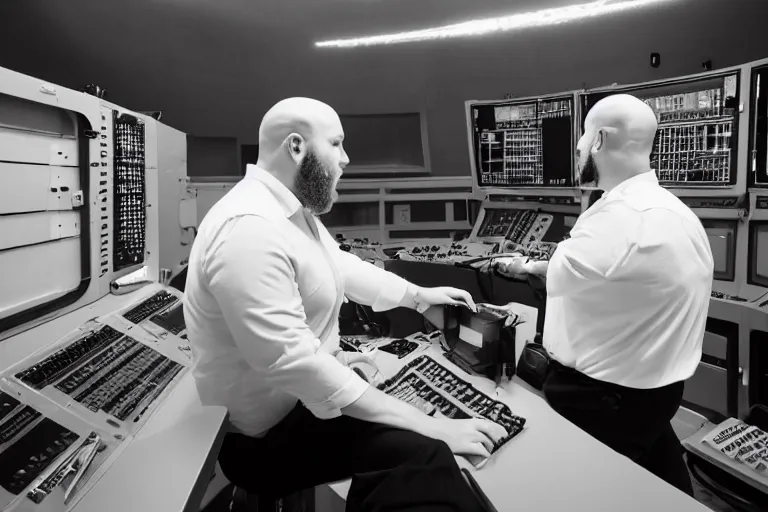 Image similar to heavyset bald man wearing a white shortsleeved shirt and blue jeans working in a nuclear silo control room by Emmanuel Lubezki