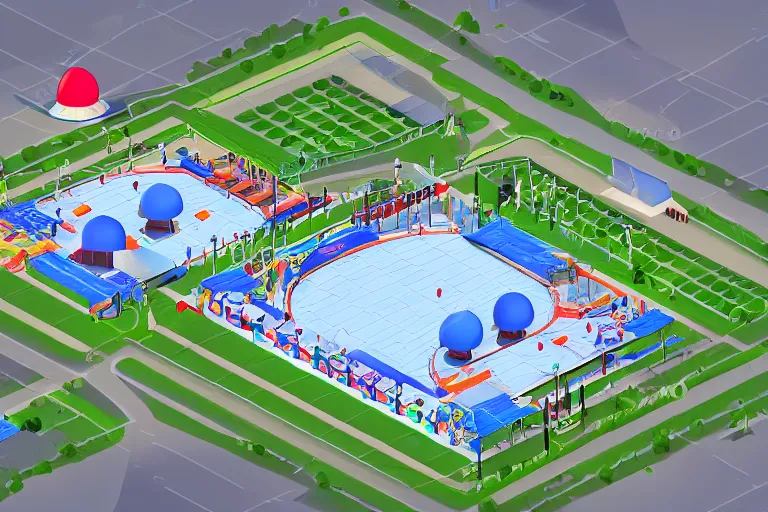 Image similar to isometric view of a high - tech sky arena inspired by modern skate parks and modern chinese playgrounds in the style of mario 3 d world, cinematographic shot, day