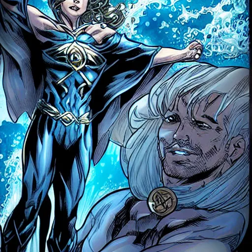 Image similar to a water wizard from the DCEU, comic drawn by Ivan Reis