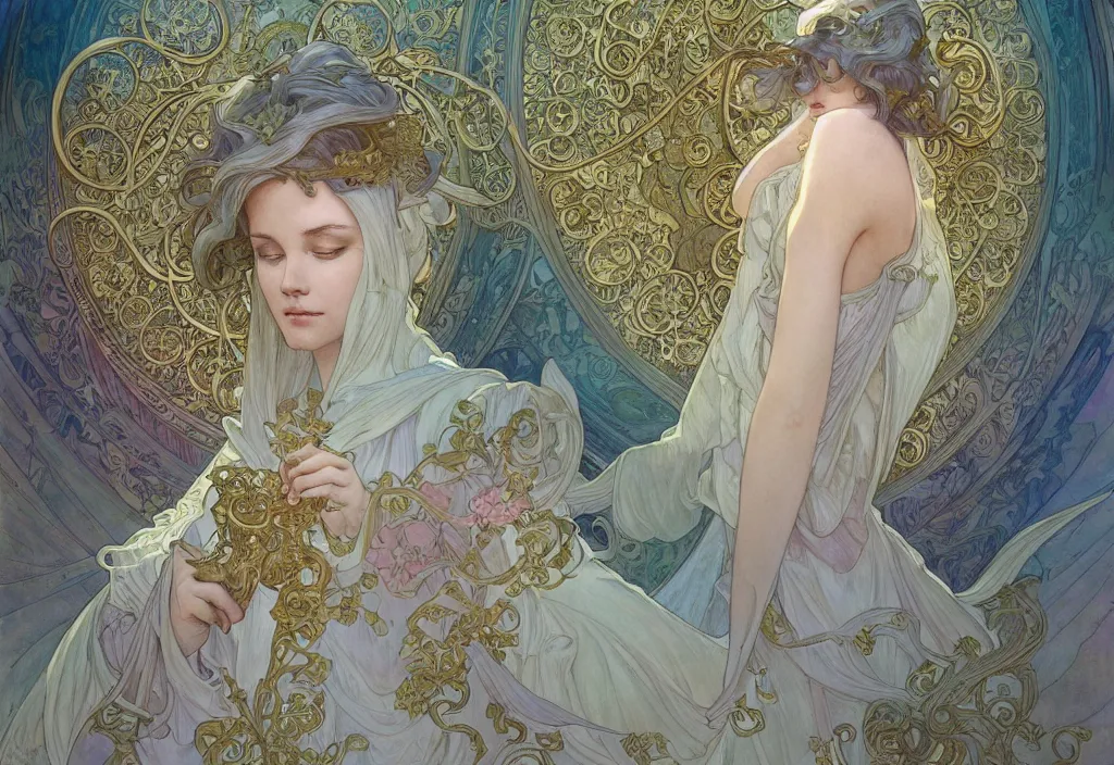 Image similar to an angel, highly detailed, very intricate, art nouveau, gold filigree, romantic storybook fantasy, soft cinematic lighting, award - winning, disney concept art watercolor illustration by mandy jurgens and alphonse mucha and alena aenami, pastel color palette, featured on artstation